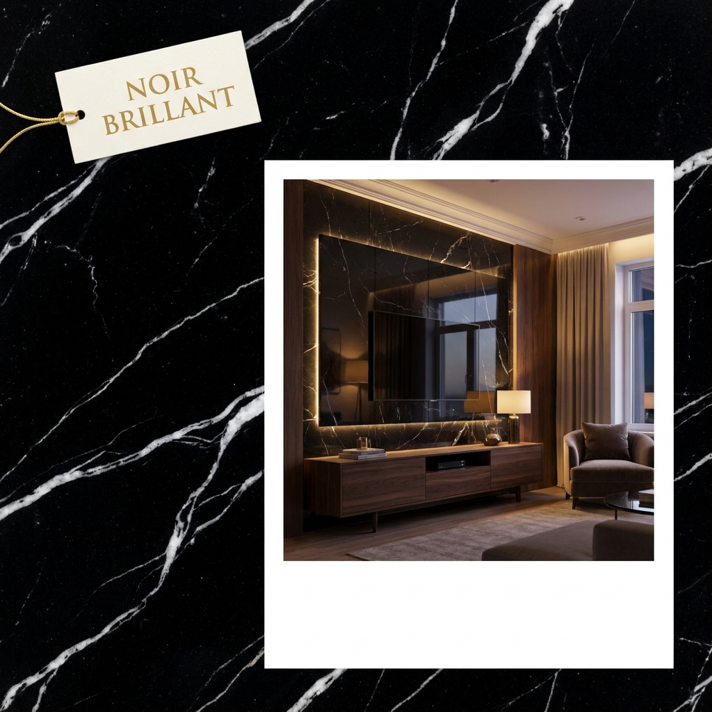 Mur TV habillé d'un panneau PVC effet marbre noir brillant dans un salon