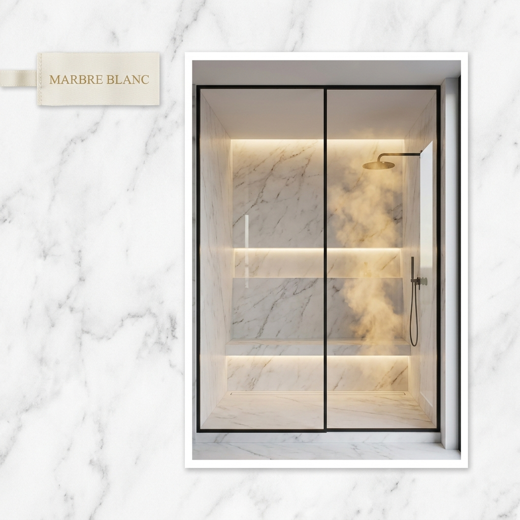 Panneau PVC effet marbre blanc dans une douche
