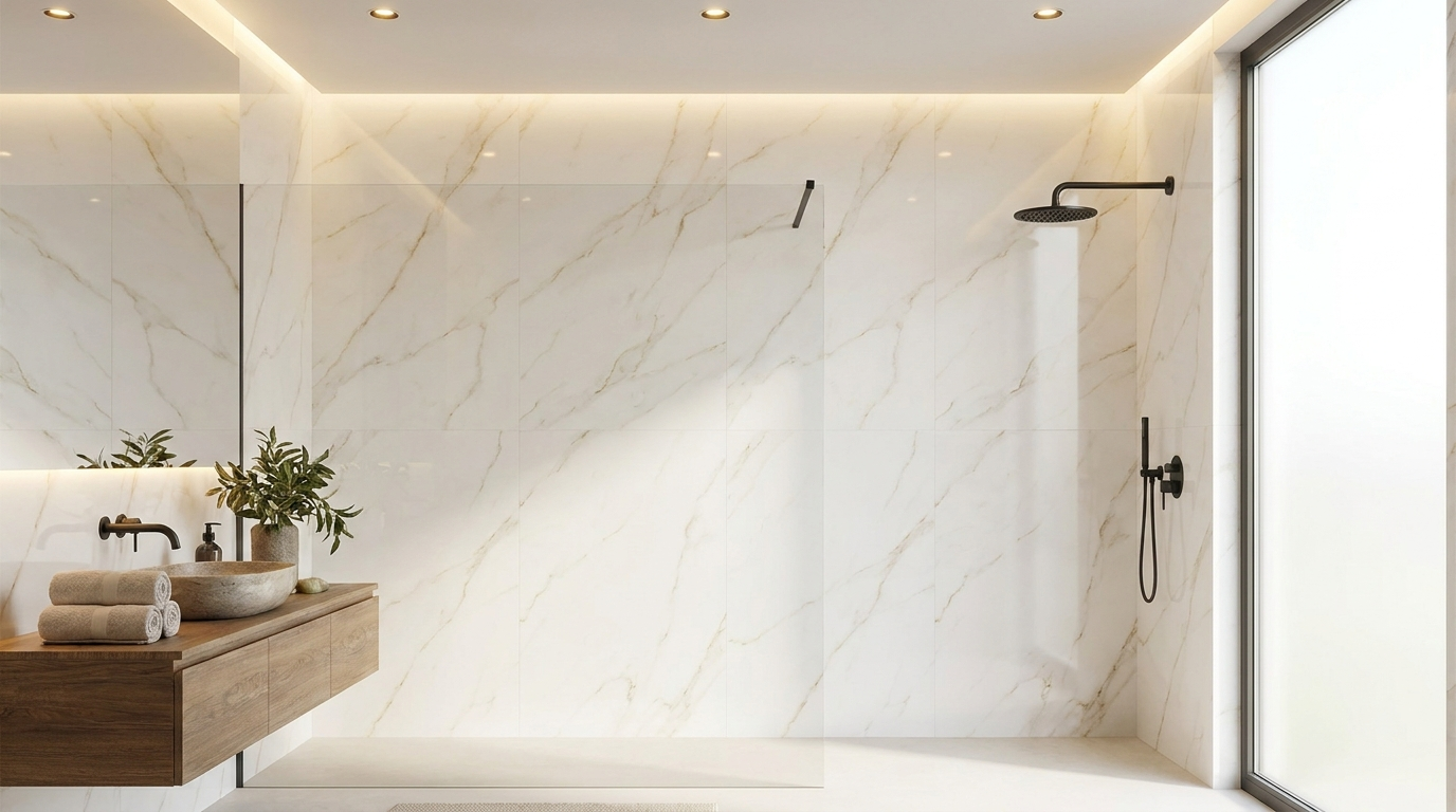Salle de bain rénovée avec panneaux muraux effet marbre