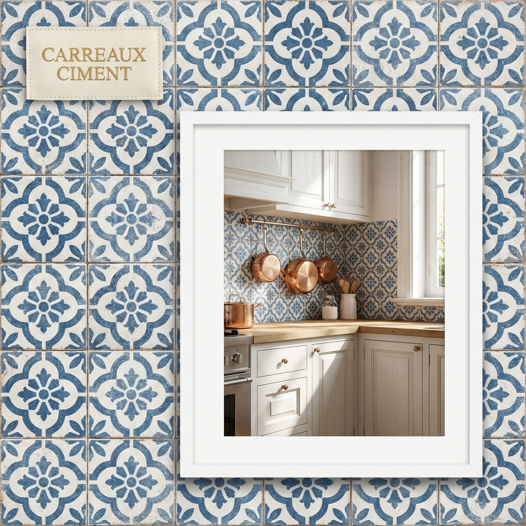 Mosaïque adhésive Carreaux Ciment Bleu — ambiance cuisine
