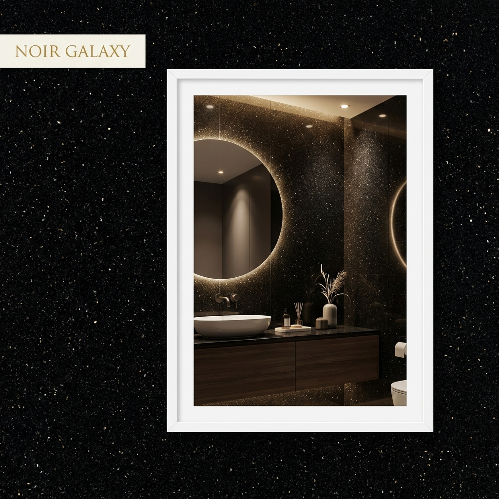 Feuille de Pierre Noir Galaxy — ambiance salle de bain