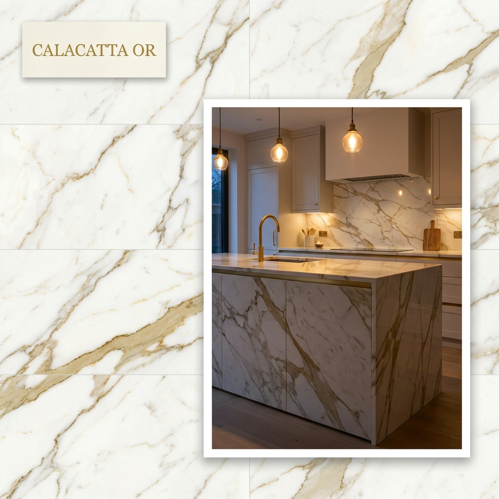 Panneau PVC effet marbre Calacatta or avec meubles de cuisine