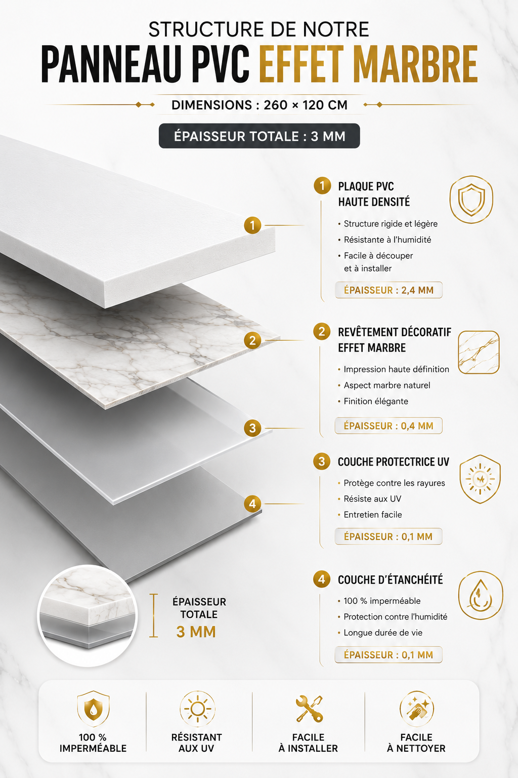 Structure du panneau PVC effet marbre — 4 couches, 3 mm