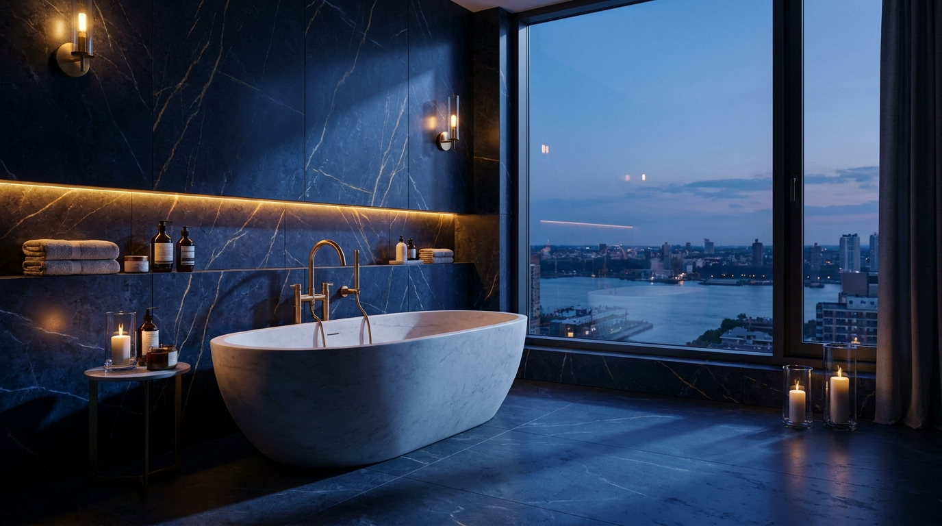 Salle de bain spa avec panneaux marbre bleu nuit et or