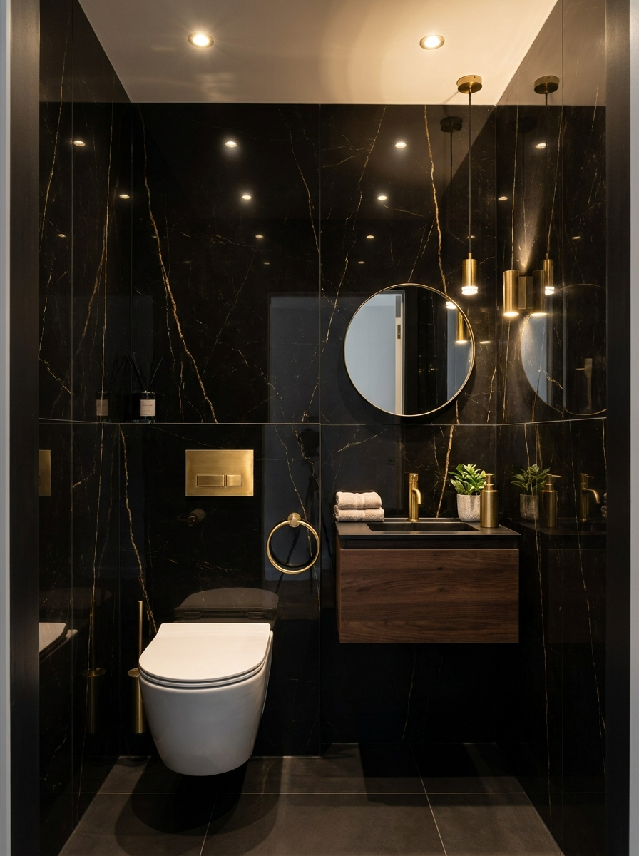 WC avec panneaux marbre noir et or