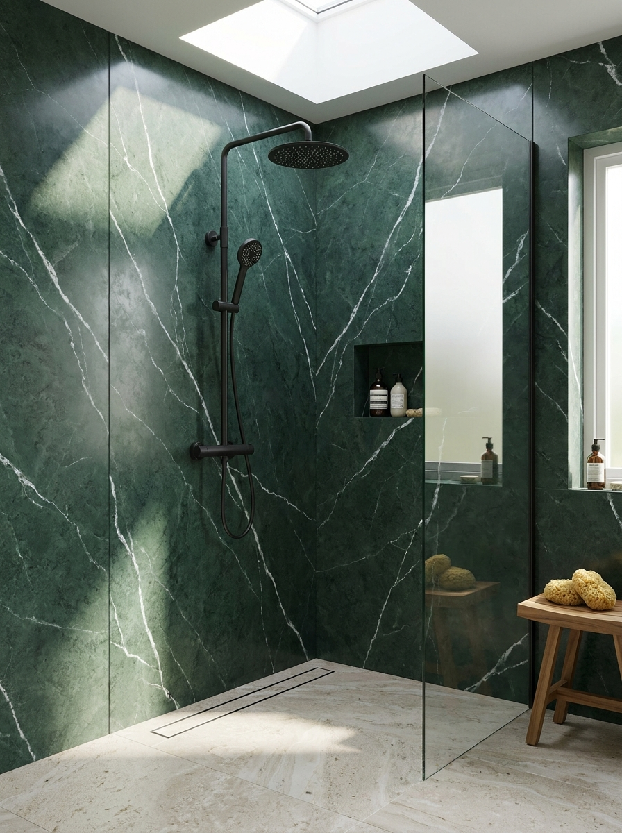 Douche avec panneaux marbre vert