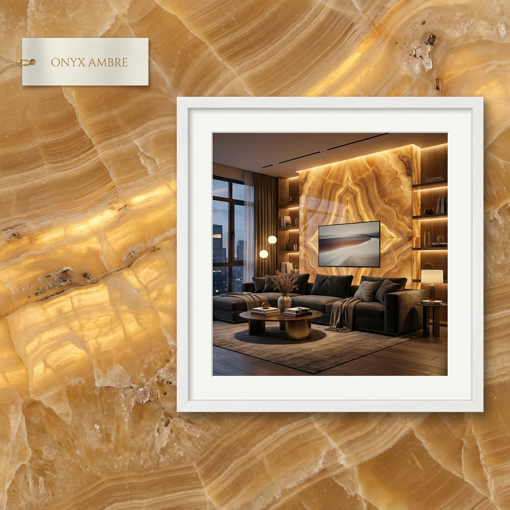 Panneau PVC Onyx Ambre — ambiance salon TV