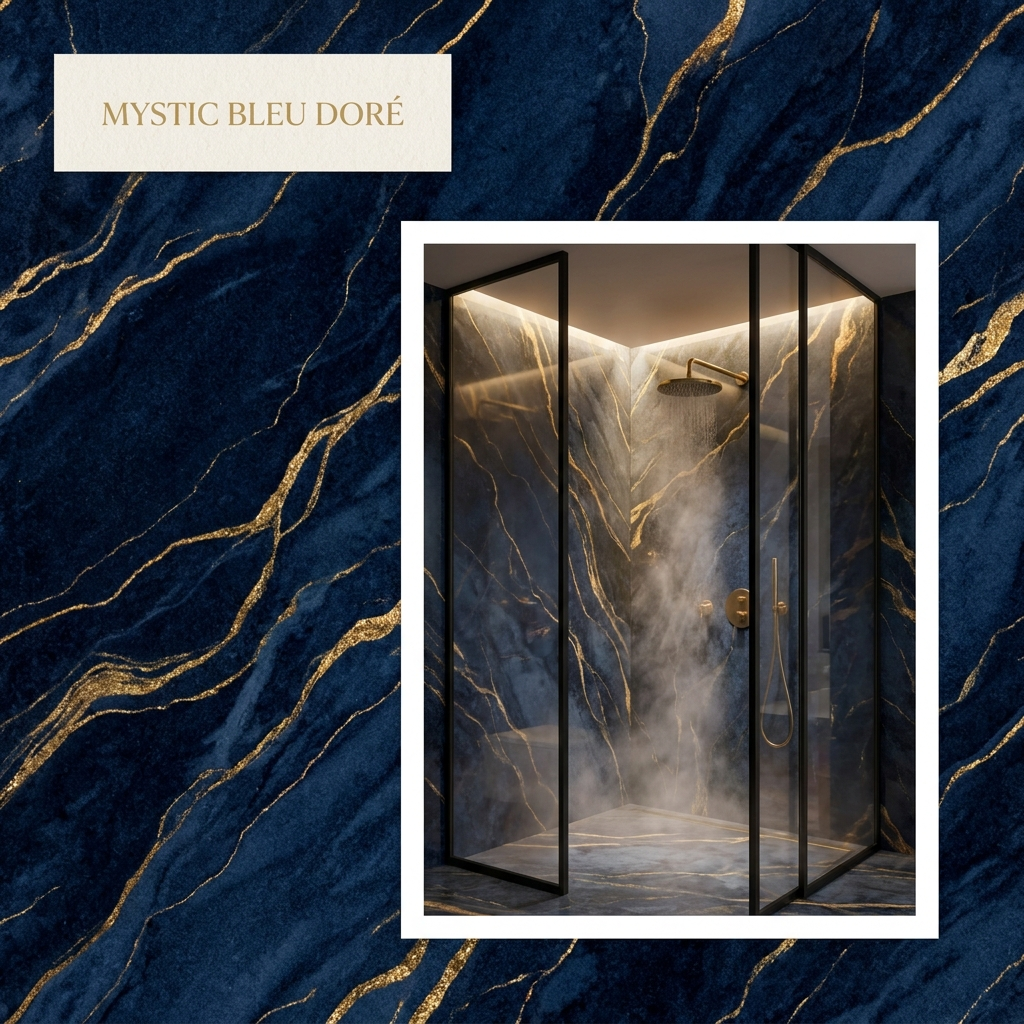 Panneau PVC Mystic Bleu Doré — ambiance douche
