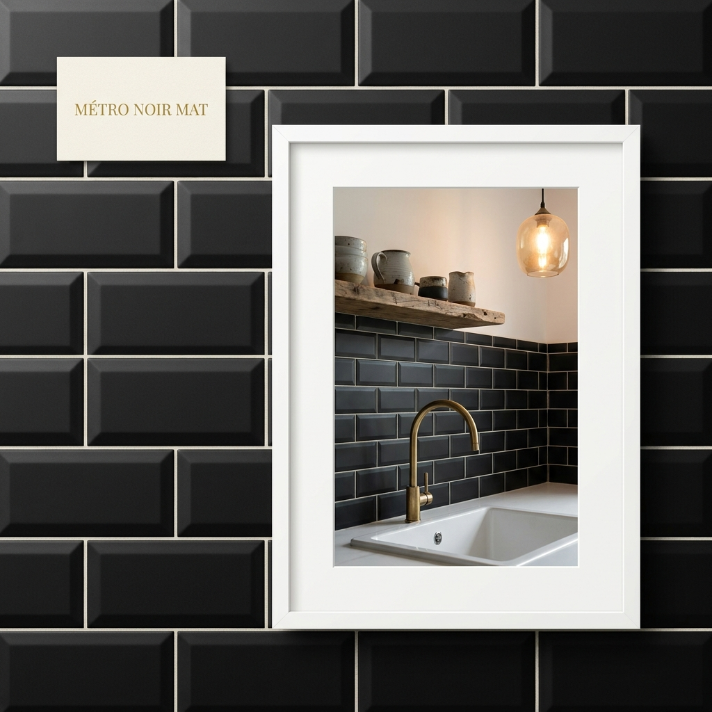 Mosaïque adhésive Métro Noir Mat — ambiance cuisine