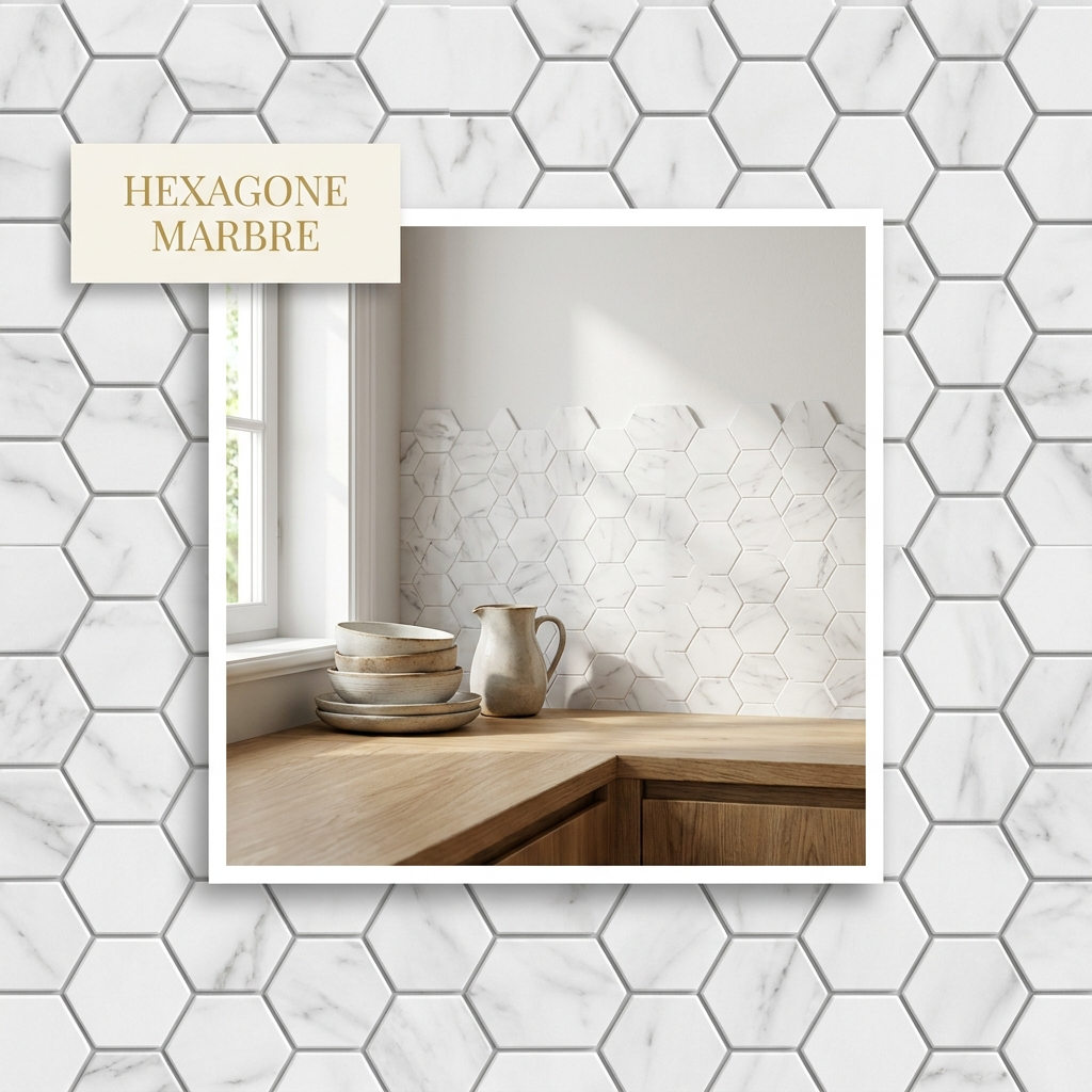 Mosaïque adhésive Hexagonale Marbre Blanc — ambiance cuisine