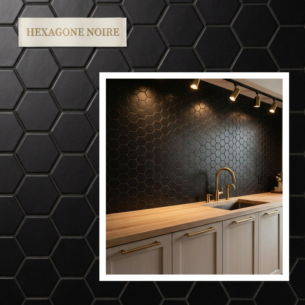 Mosaïque adhésive Hexagonale Noire — ambiance cuisine