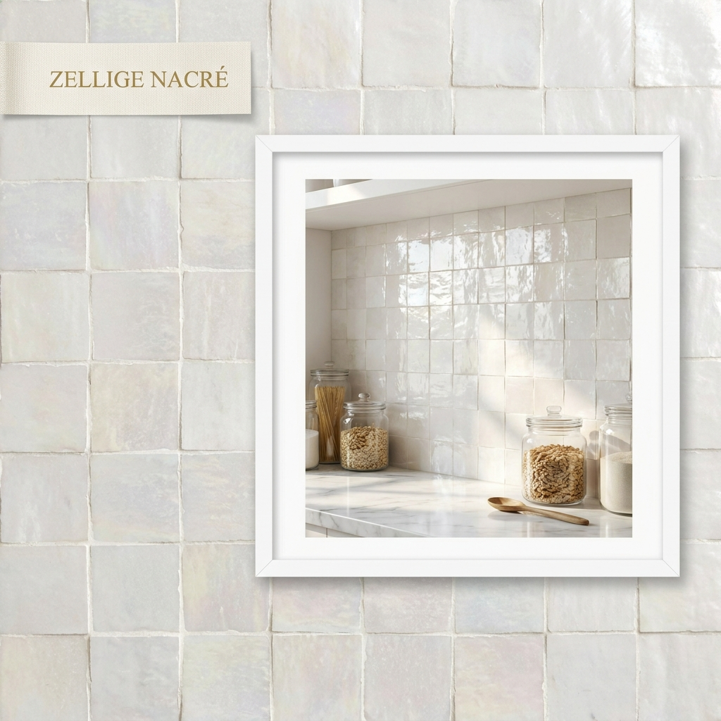 Mosaïque adhésive Zellige Blanc Nacré — ambiance cuisine