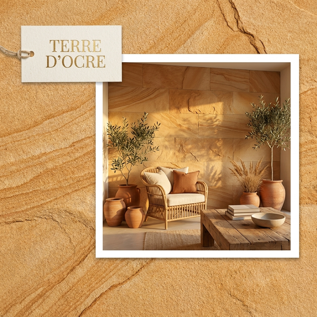 Feuille de Pierre Terre d'Ocre — ambiance salon méditerranéen