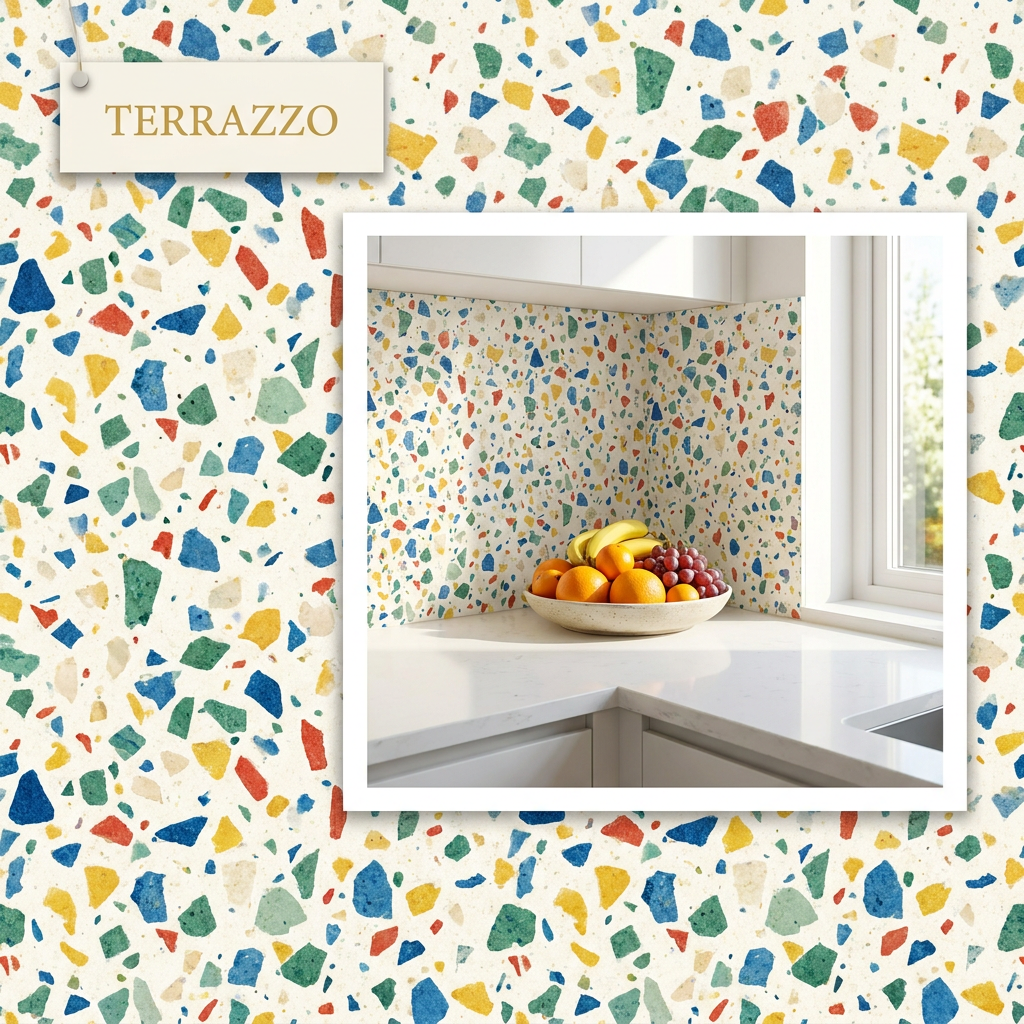 Crédence Adhésive Terrazzo — ambiance cuisine